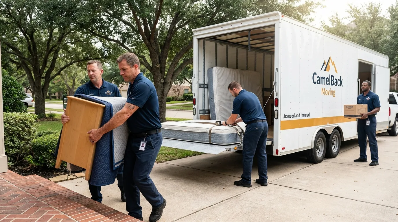 Crew loading residential truck for cross-state move from Rice Lake, WI