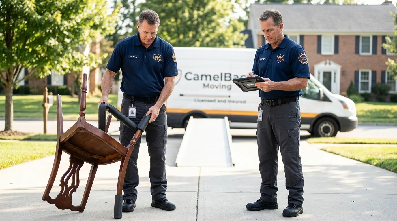 Movers inspecting furniture for damage prevention before loading in Rice Lake, WI