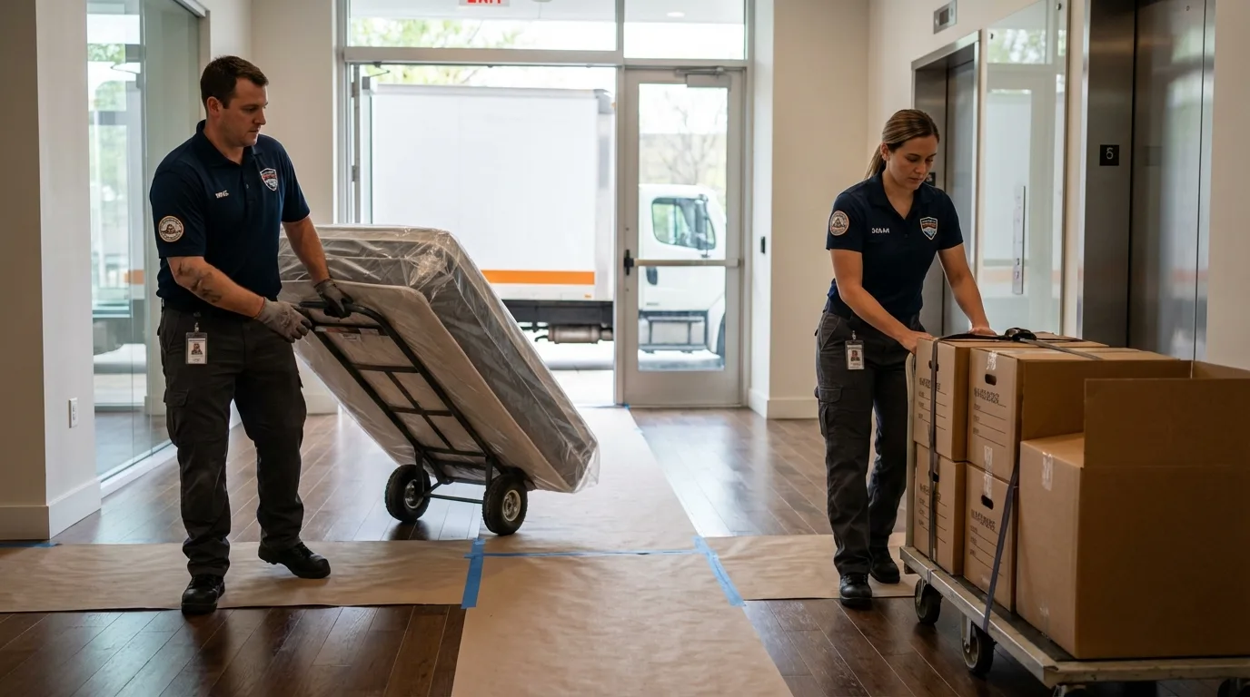 Professional apartment movers loading elevator in Rice Lake, WI